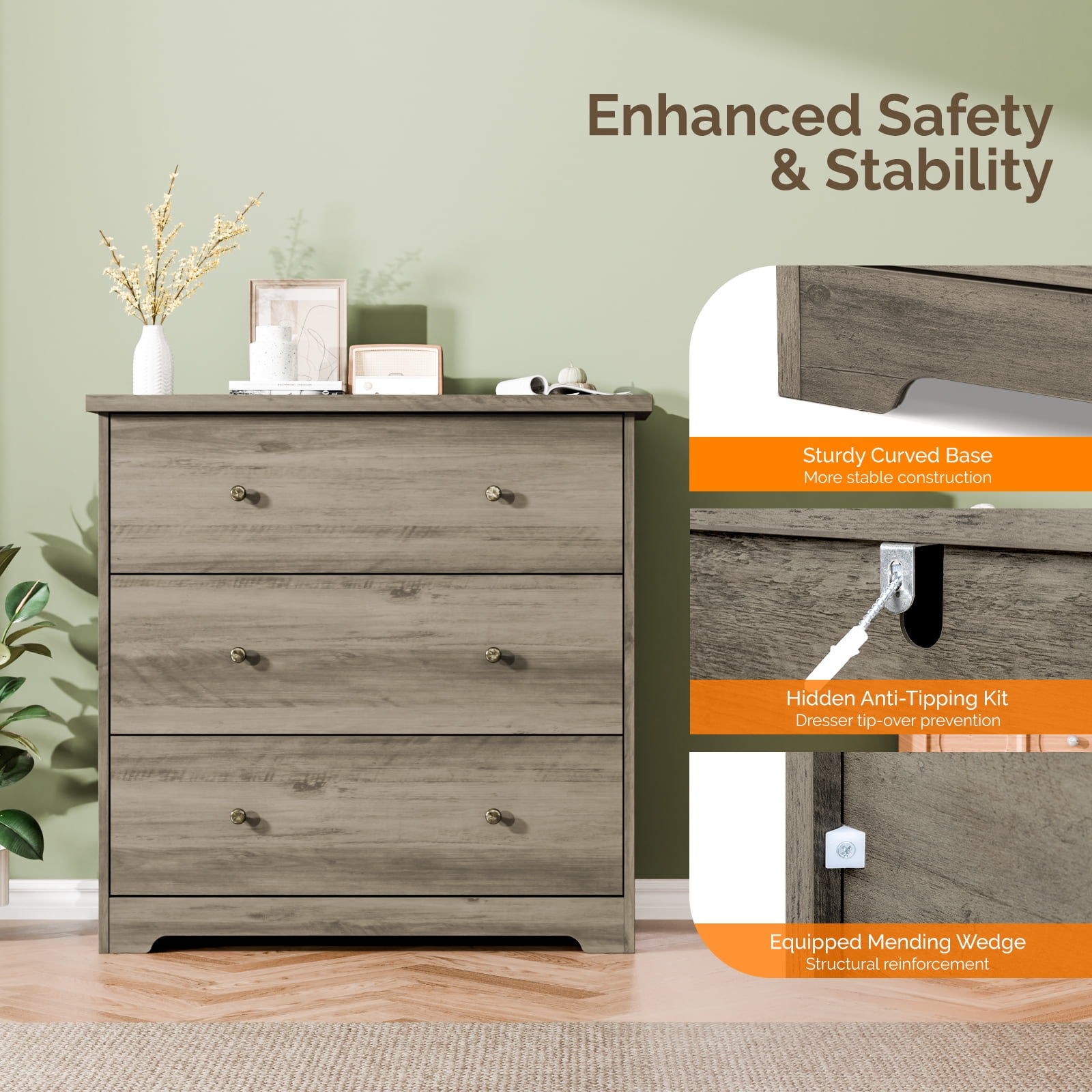 3-Drawer Nightstand, Grey, 31.5 x 15.75 x 30.5 in