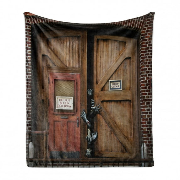 Zombie Soft Flannel Fleece Blanket, Monsters Behind Wooden Door Demon Halloween Holiday Fear Fantasy Picture, Cozy Plush for Indoor and Outdoor Use, 50" x 60", Umber Chestnut Brown, by Ambesonne