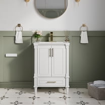 FORCLOVER 24" White Bathroom Vanity with Ceramic Countertop and Sink, Solid Wood & Plywood, 2 Doors 1 Drawer, Soft Close, Brushed Gold Handles