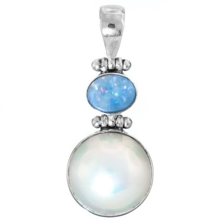 - White Mabe Cultured Pearl Australian Opal 925 Sterling Silver Pendant, 1 3/8