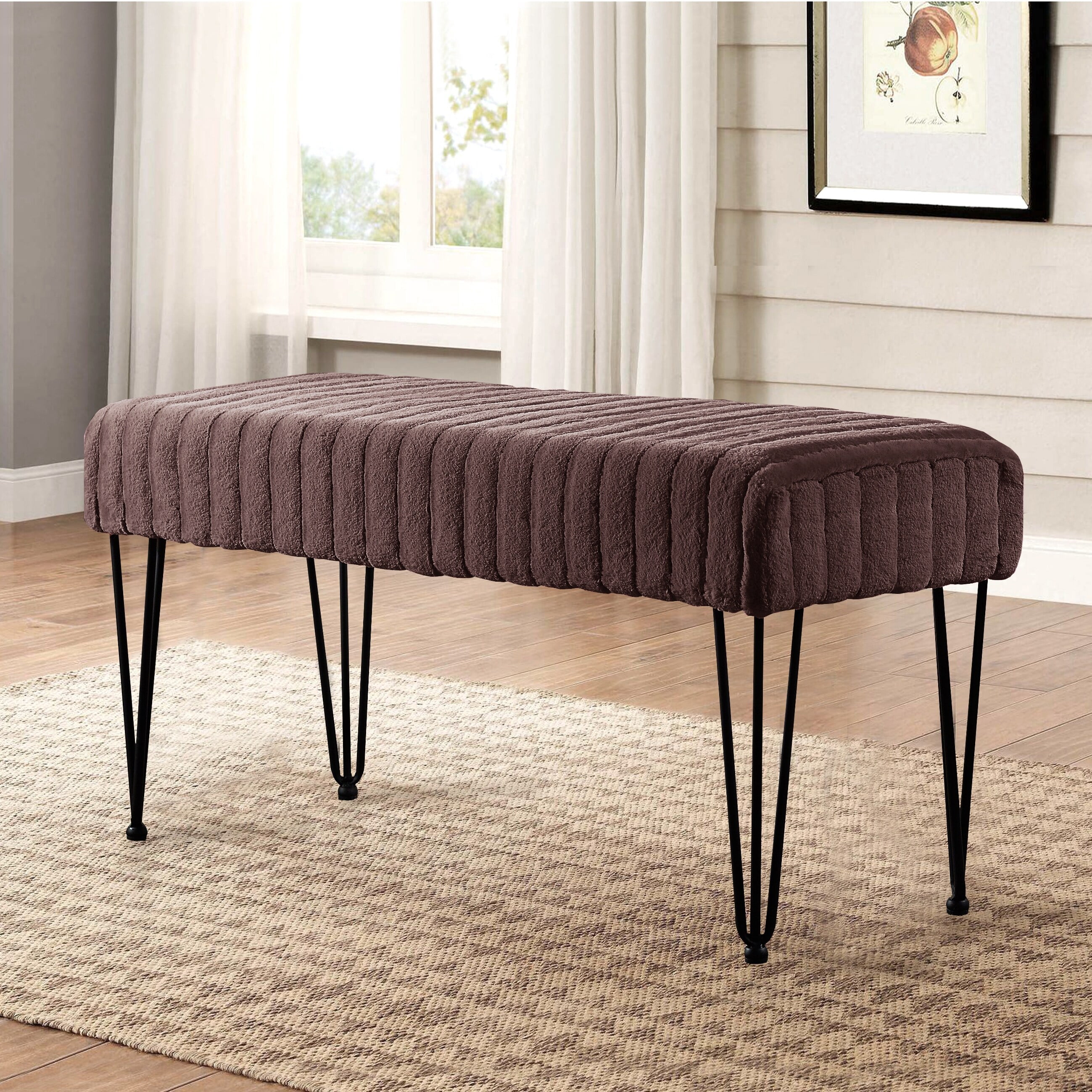 Super Mink Faux Fur Ottoman Bench, 19" x 13" x 17" H & 46" x 16" x 25