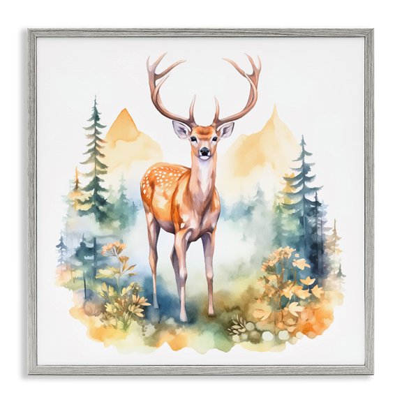 Stupell Industries Wild Deer with Mountains Animals Painting Gray Framed Art Print Wall Art, 24 x 24
