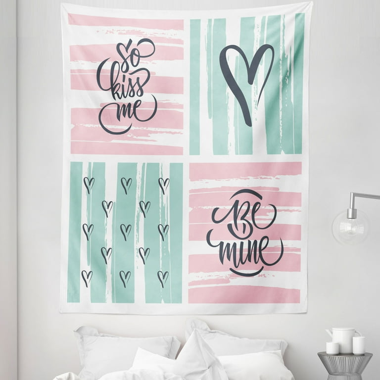 Love Tapestry, Valentines Day Words and Hearts on Grunge Stripes