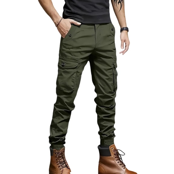 BRANROY Men's Cargo Pants - Versatile Casual Work Pants Trousers Sweatpants Tapered Cuff Drawstring Multi Pockets for Outdoor Hiking Everyday Comfort,Army Green L