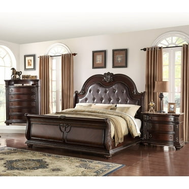 Formal Vintage Style Luxury 3pc Brown Finish Queen Size Panel Bed Set Solid Wood
