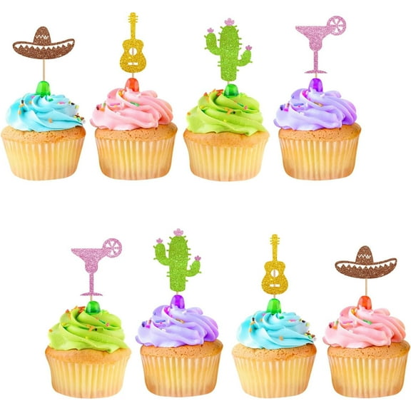 12pcs Fiesta Cupcake Toppers, Taco Bout Cupcake Toppers, Gold Glitter Mexican Fiesta Cupcake Picks for Birthday, Sombrero Mustache Baby Shower Party Supplies