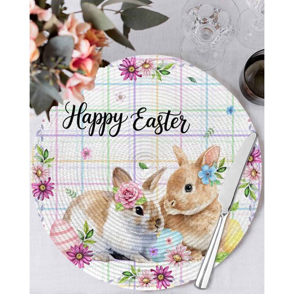 15 Inch Round Placemats Set of 6, Easter Rabbits Non Slip Heat Insulation PP Table Mats, Cute Bunny Faisy Leaf Eggs Spring Colorful Plaid Washable Place Mats for Kitchen Dining Party Table Decor