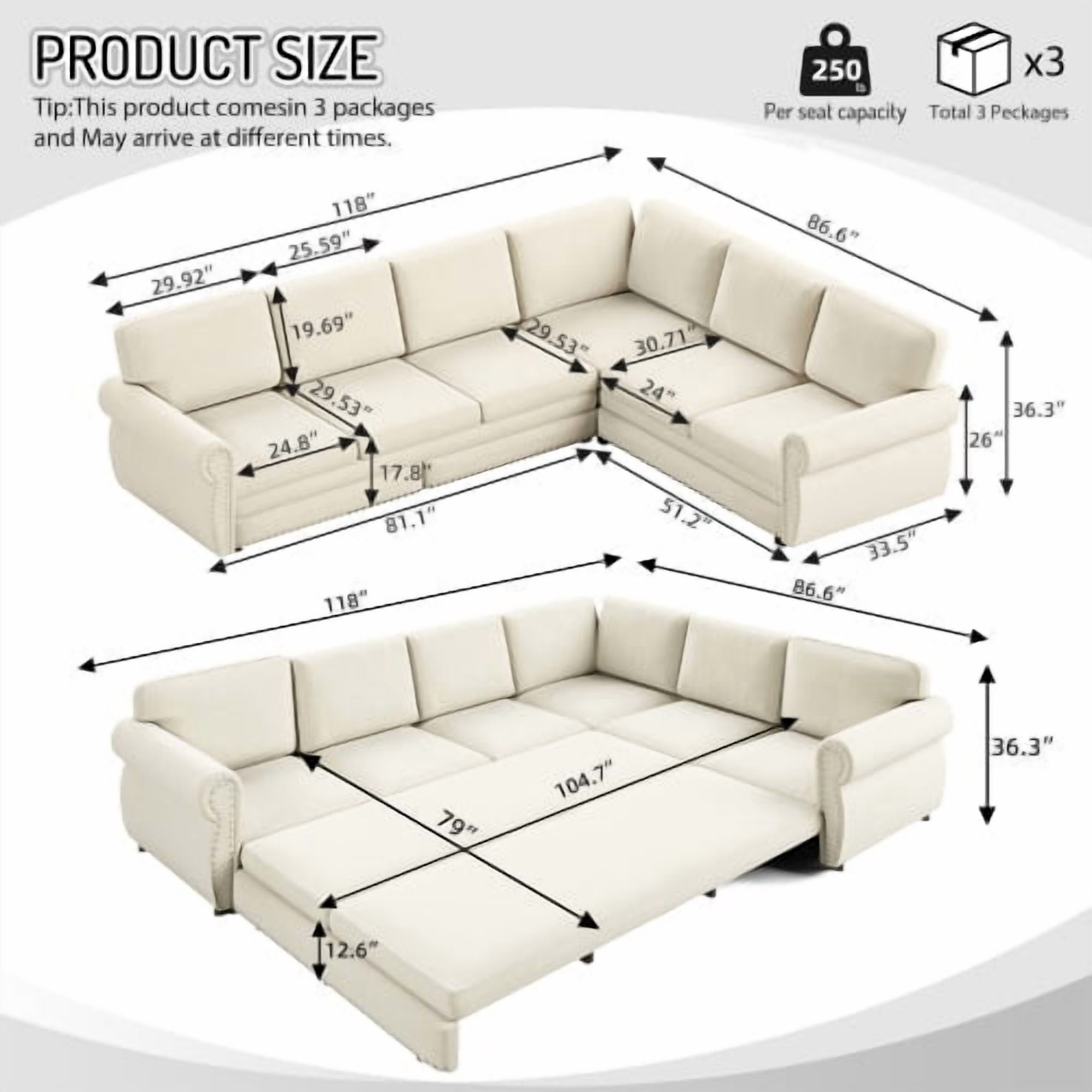 118" L-Shaped Sectional Sleeper Sofa with King Size Pull-Out Bed, Chenille Upholstered, Nailhead Trim & Rolled Arms, Beige