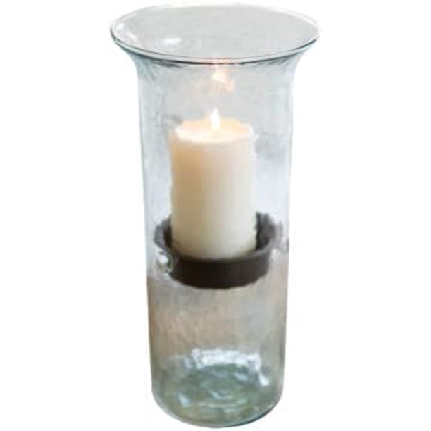 Glass Hurricane Pillar Candle Holder with Rustic Metal Insert, Perfect