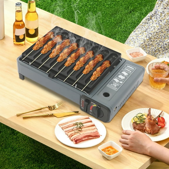 Gas Grill Portable Butane Stove, tabletop BBQ Grill for Outdoor Cooking Camping | Stainless Steel Griddle