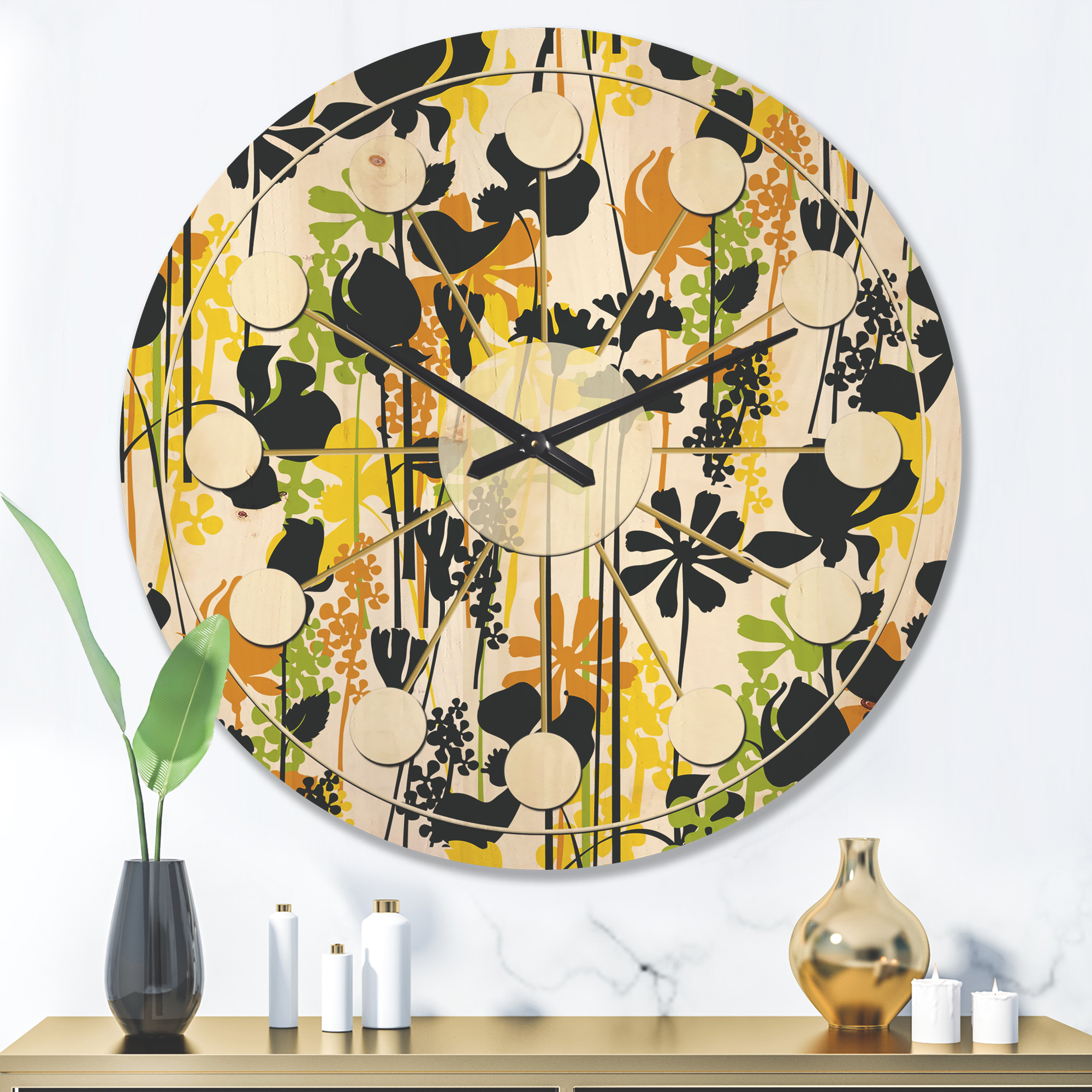 Designart 'Summer Meadow Pattern, Black silhouettes On White' Mid-Century Modern Wood Wall Clock