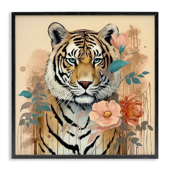 Stupell Industries Eclectic Modern Floral Tiger Black Framed Giclee Art, 17 x 17, by Lazar Studio