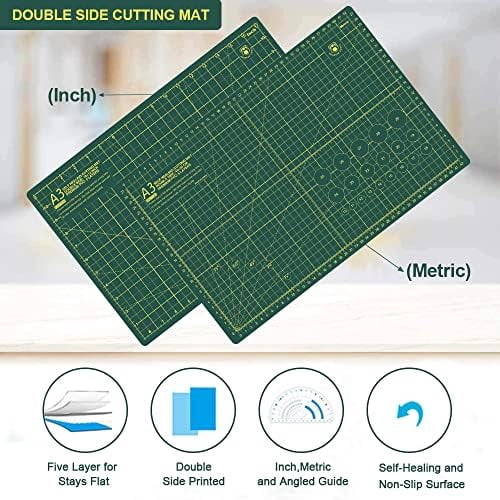 18"x12" Thickened Self Healing Cutting Mat, A3 Rotary Cutting Sewing Mat for Crafts, Double Sided 5-Ply Table Cutting Board for Fabric Quilting Leather Arts Hobby Project, Green