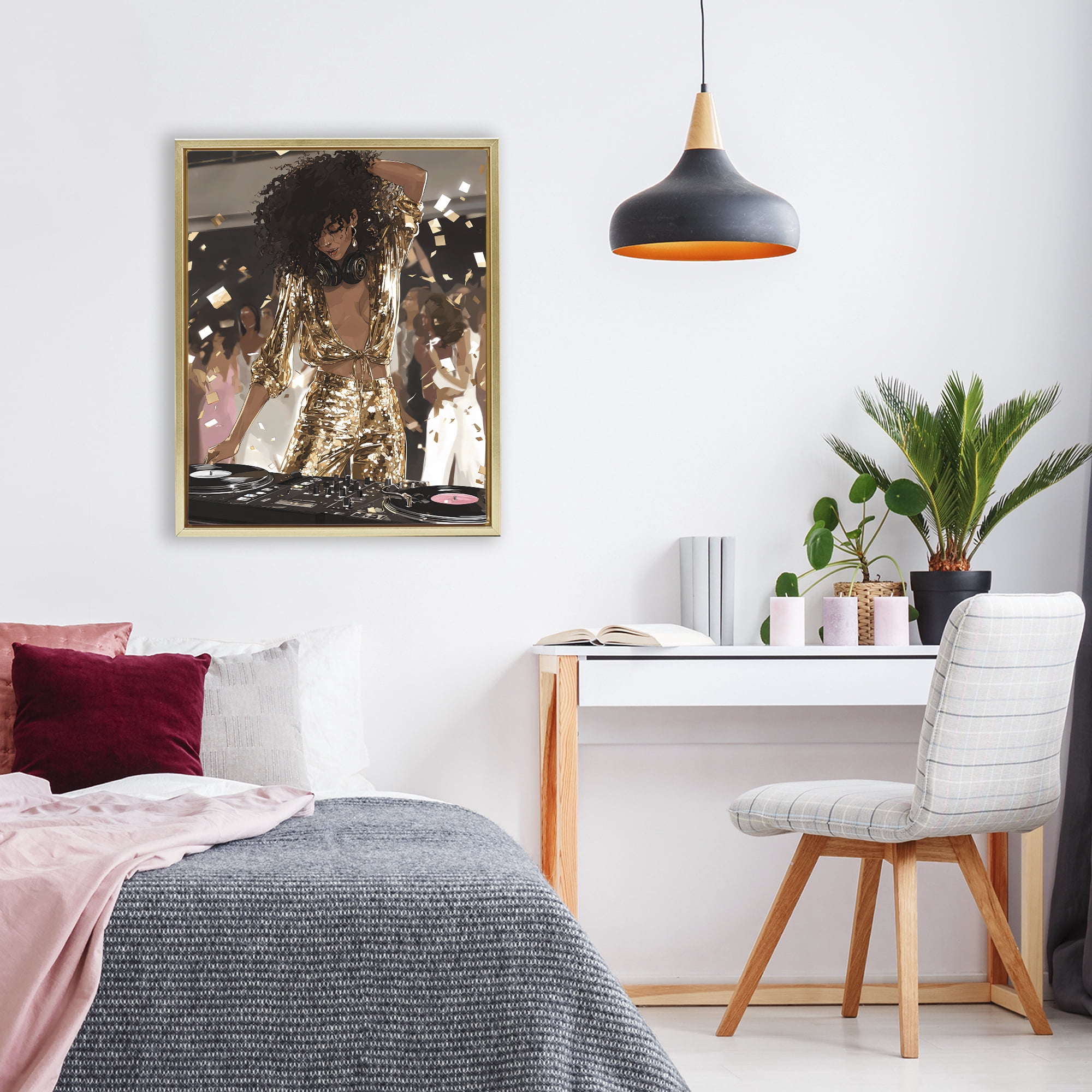Stupell Industries Shimmering DJ in Sequins Gold Framed Floater Canvas Wall Art, design by Franklyn Gregory
