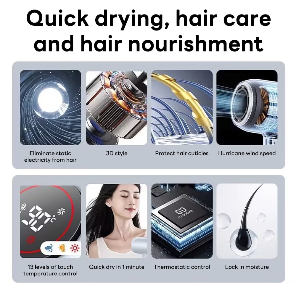 INSMART High Speed Hair Dryer, 110,000 RPM Brushless Motor High Speed Hair Dryer, 27 Dry Hair Modes and 13 Temperatures with LED Screen for Home and Travel