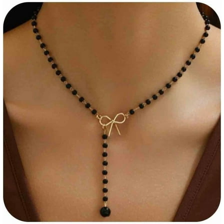 Vintage Black Crystal Y Lariat Necklace Gold Hollow Bow Choker Necklace Black Rosary Bead Lariat Necklace Long Cz Drop Necklace Chain Jewelry for Women