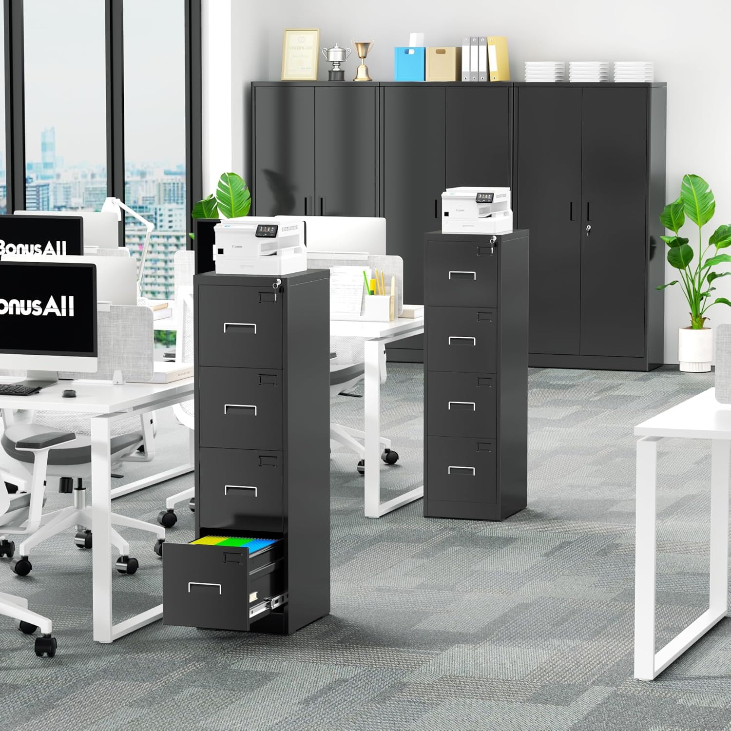 Bonusall Vertical File Cabinet with Lock, 4 Drawer Locking Vertical Filing Cabinet for Legal/Letter Size, Metal Horizontal File Organizer with Hanging Rack for Home Office, Heavy Duty, Black