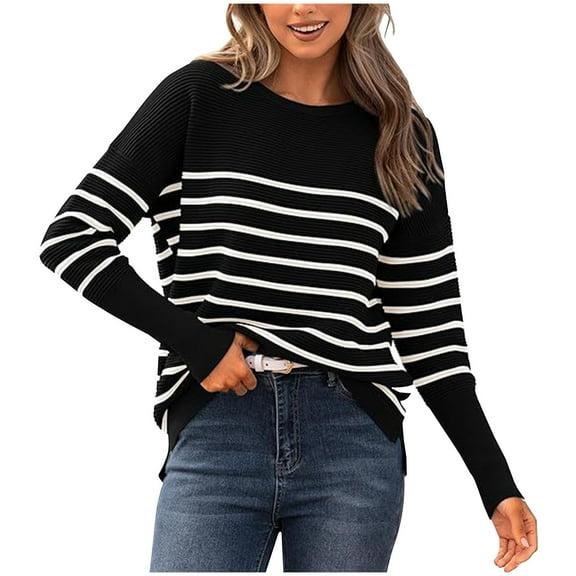 WREESH Fashion Pullover Women's Stripe Blouses Long Sleeved Knitted Sweater Round Neck Top Sweater Black
