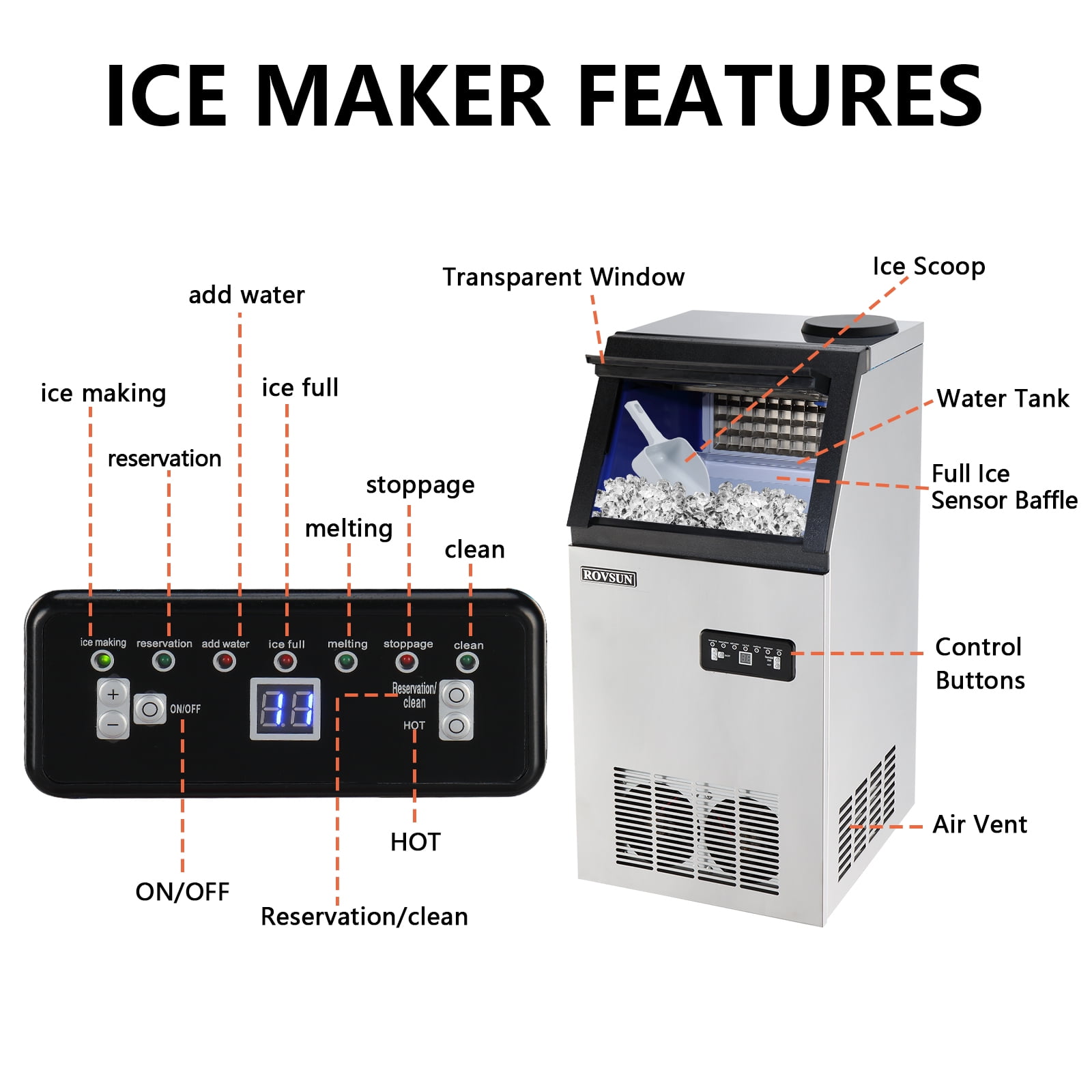 ROVSUN 110lbs Capacity Commercial Freestanding Ice Maker, Stainless Steel