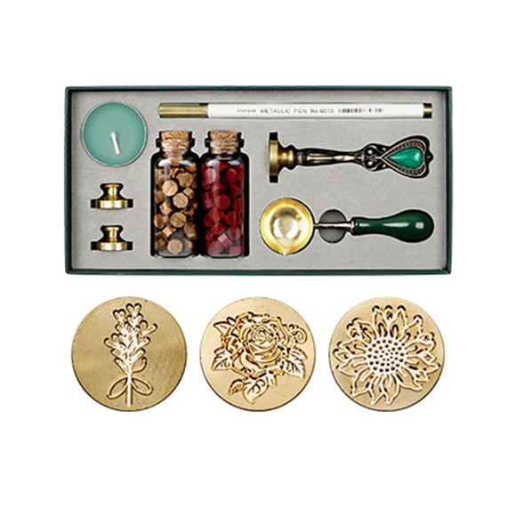 Riwcyla Retro Wax Seal Kit Sealing Wax Beads Wax Melting Spoon Wax Seal Stamp Candle Replaceable Copper Head Metallic Pen for Envelopes Letter Cards Wedding Invitations Packaging Gift Sealing Decora