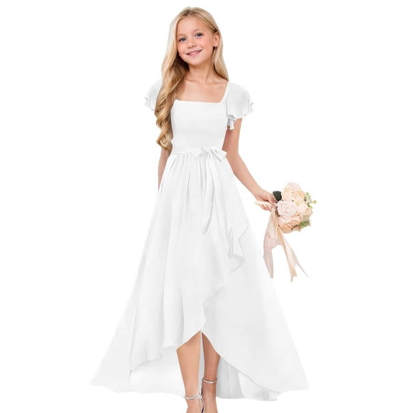 ManxiVoo Flowy Chiffon Flower Girl Dress With Waist Sash Elegant A Line Floor Length Gown For Special Occasions 160 Size White