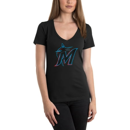 Marlins Rocks - Women's 5th & Ocean by New Era Black Miami Marlins V-Neck Team T-Shirt