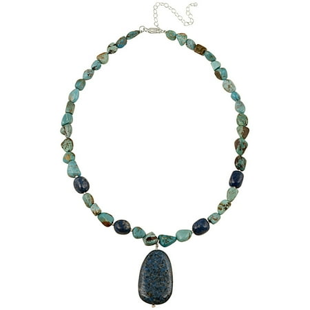 Sterling Silver Lapis Cross Necklace - Denim Lapis and Created Turquoise Sterling Silver Dangling Stone Necklace, 18