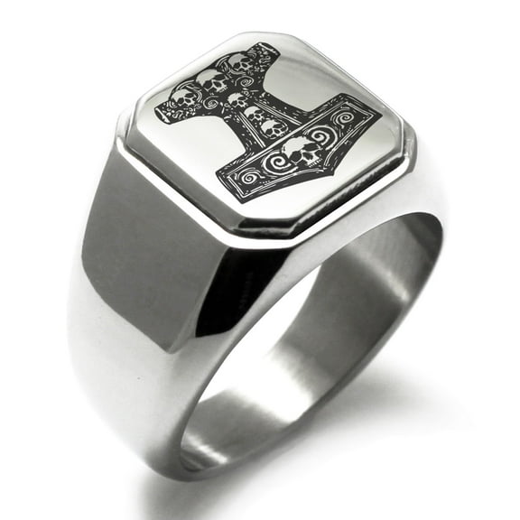 Stainless Steel Mjolnir Thor's Black Skull Hammer Engraved Square Flat Top Biker Style Polished Signet Ring