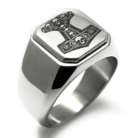 - Stainless Steel Mjolnir Thor's Black Skull Hammer Engraved Square Flat Top Biker Style Polished Signet Ring