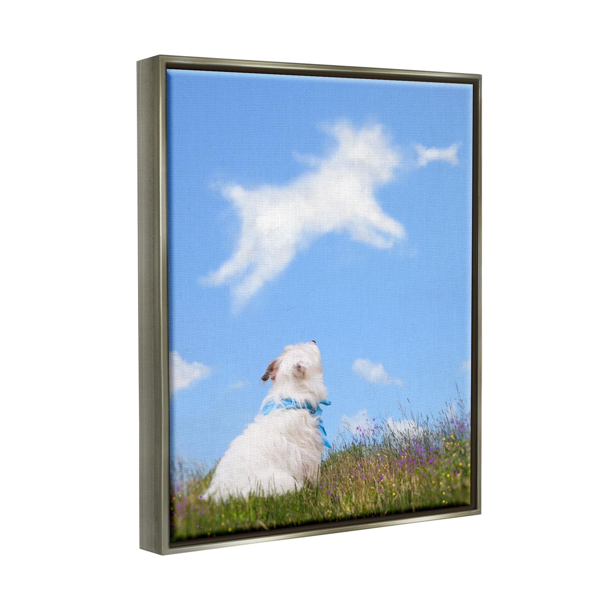Stupell Industries White Dog Watching Shaped Clouds Chasing Bone Graphic Art Luster Gray Floating Framed Canvas Print Wall Art, Design by Michael Quackenbush