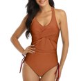 thumbnail image 4 of Women Swimsuit Drawstring Bathing Suit Solid Color V Neck Swimwear, Orange, XL, 4 of 7