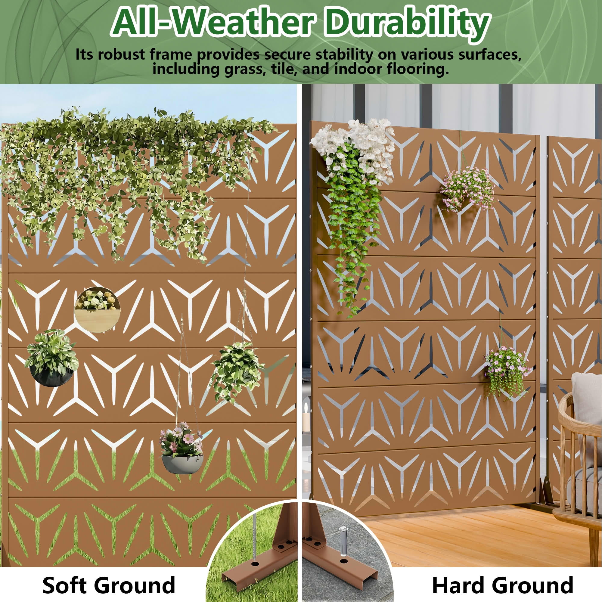 MAYEERTY 2-Piece Outdoor Metal Privacy Screen 6ft × 4ft Brown, 6-Panel Geometric Y-Pattern Decorative Screen for Garden