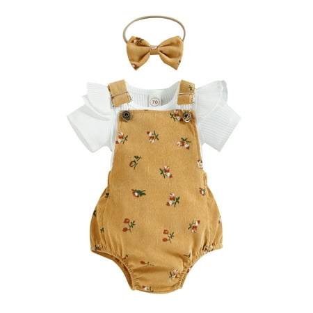 

Infant Baby Girl Summer Clothes Ruffle Short Sleeve Rib T Shirt Top Corduroy Floral Suspender Jumpsuit Shorts Summer Outfits