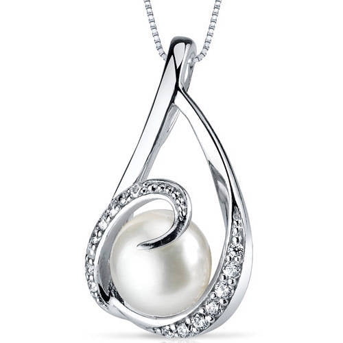 Chain with Cubic Zirconia/CZ Classical 925 Sterling Silver 8.0mm Freshwater Cultured Pearl Women Pendant