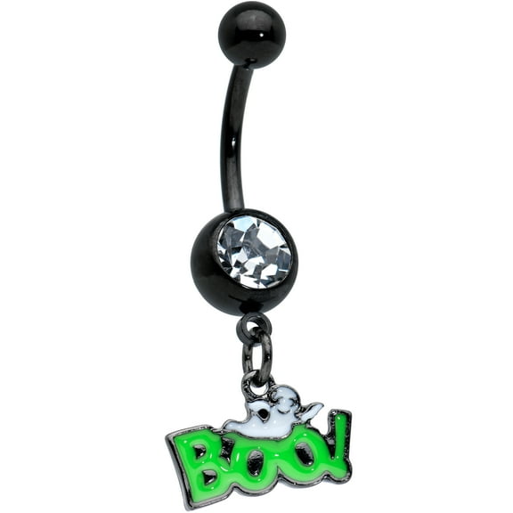Body Candy Womens Black Plated Steel Piercing Clear Green Boo Ghost Dangle Belly Button Ring