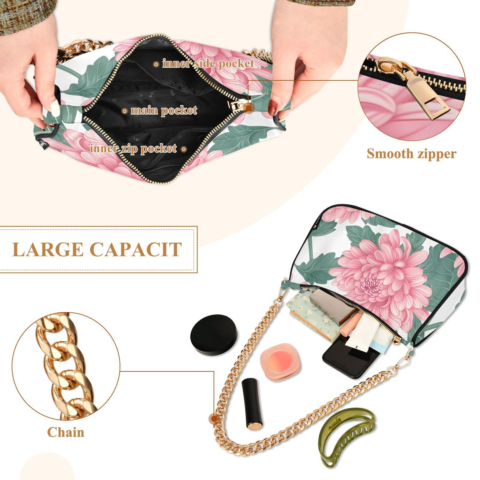 Pink Flower with Green LeavesWomen Small Shoulder Bag Crossbody Tote Hobo Bags Purse Clutch Handbags with Chain Strap for Women