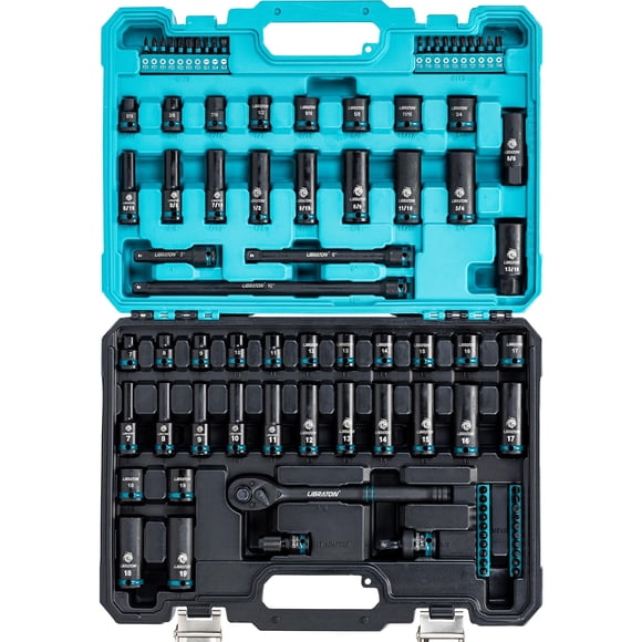 LIBRATON 3/8" Drive Impact Socket Set, 90PCS SAE & Metric Cr-V Deep & Shallow Impact Driver Sockets with Extension Bars, Ratchet