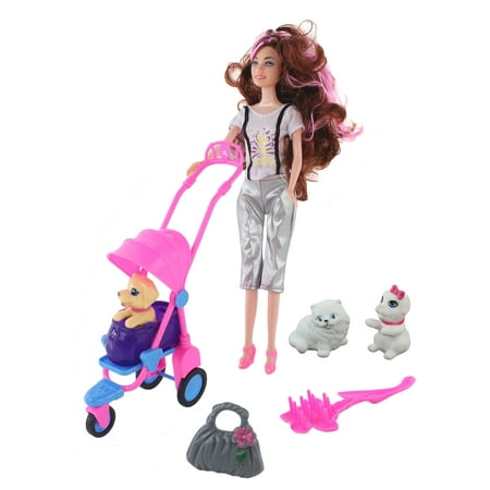 11.5'' (29cm) Top Styled Doll With Baby Pets, Fully Poseable Fashion Doll, Accessories and Pets Included! Two baby puppies, One cat and a Pet Stroller! This Doll Loves her Pets and so Will You!