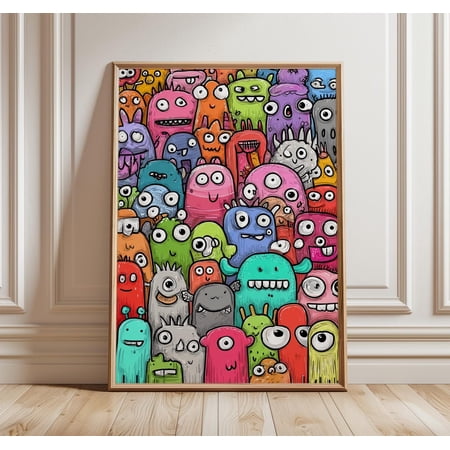 Colorful Monster Wall Art Cute Cartoon Character Fun Doodle Decor, Unframed Poster