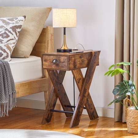 VECELO Nightstand with Round Dual USB Charging Ports, Wooden End Table with Drawer for Bedroom, Living Room and Sofa Side Table, Brown