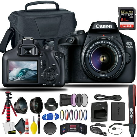 Canon EOS 4000D / Rebel T100 DSLR Camera With 18-55mm Lens + Sandisk Extreme Pro 64GB Card + Creative Filters + EOS Camera Bag + 6AVE Cleaning Set, + More (International Model)