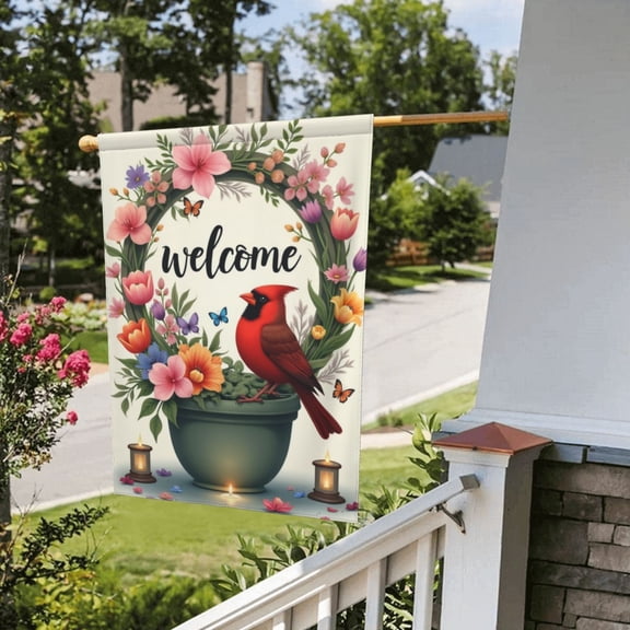 Garden Flag Double Sided Cardinal Red Bird Butterfly Flowers Wreath Yard Flag Welcome Garden Flags For Spring Summer Farmhouse Home Outdoor Decor 12 X 18 Inch