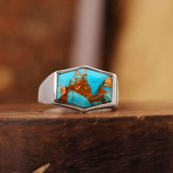 HARSHITA JEWELLERY Natural Copper Turquoise Gemstone Ring, 925 Sterling Silver Ring, Copper Turquoise Mens Ring, Signet Ring, Handmade Ring, Gift For Him