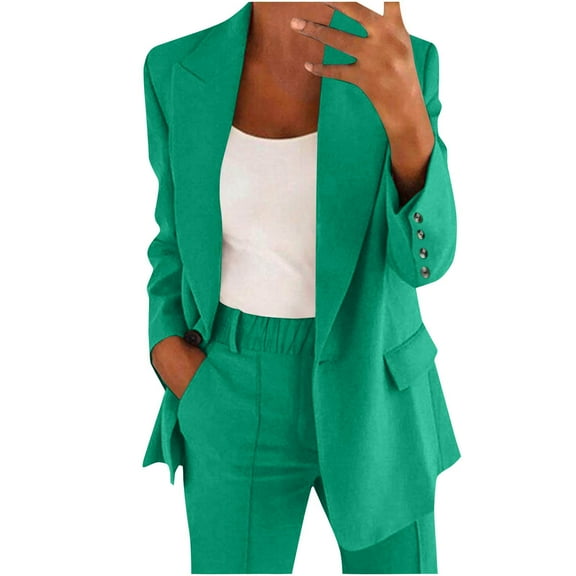 Lady 2 Piece Outfit Sets Casual Oversized New Trendy Women Blazer Suit Set Solid Color Dressy Casual Long Sleeve Cardigan Coat with Long Pants Outfits Green 4XL
