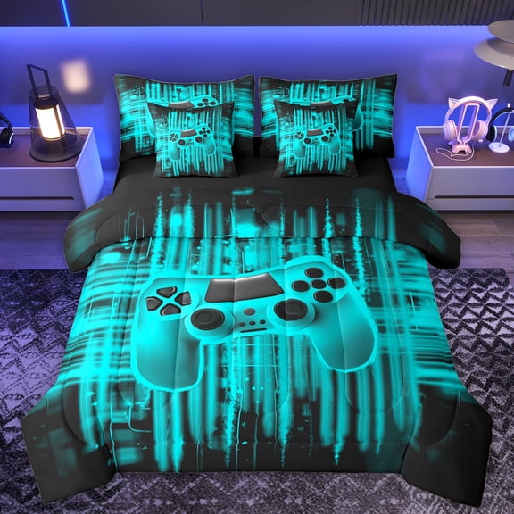 Homewish Futuristic Game Console Twin Bedding Sets 7-Piece, Cyan Gamepad Gamer Bedding Comforter Set, Teens Kids Girls Boys Reversible Sheet Sets, Ultra Soft Bedroom Decor