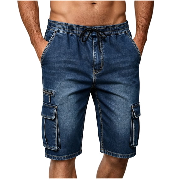 Mifsaly Mens Jean Cargo Shorts Elastic Waist Drawstring Denim Shorts Fashion Relaxed Fit Casual Summer Wear Clothes with Multi Pockets Blue,XXL