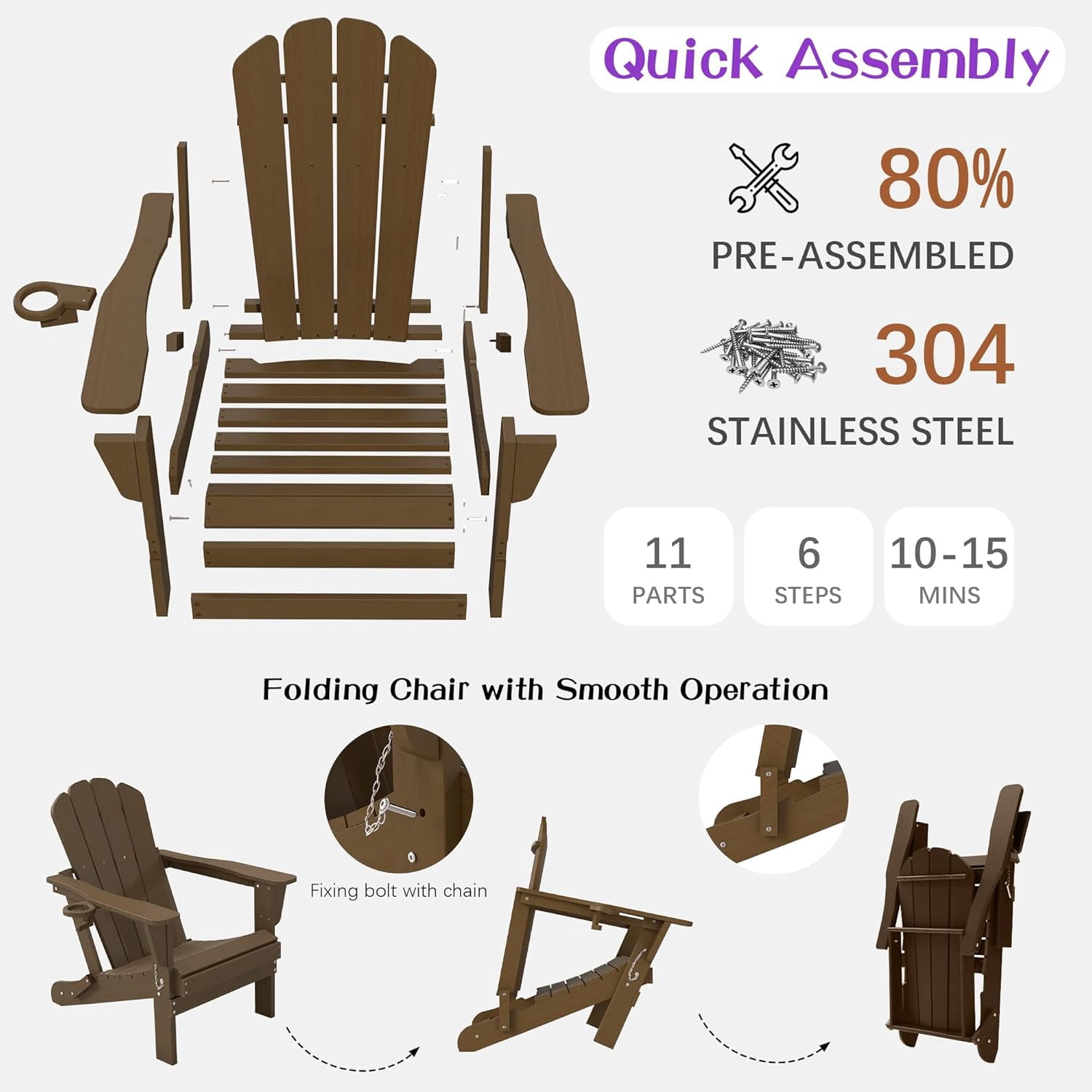 Domi Outdoor Living Folding Adirondack Chair, All-Weather HDPE Patio Chair with Cup Holder, Weather-Resistant Fire Pit Seating for Backyard, Deck, Garden & Poolside, Brown