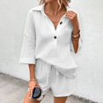 thumbnail image 6 of Women's Summer Linen 2 Piece Set V Neck 3/4 Sleeve Shorts Beach Casual, 6 of 8