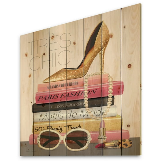 Designart 'Paris Style II Gold and Black Tres Chic' Posh & Luxe Print on Natural Pine Wood
