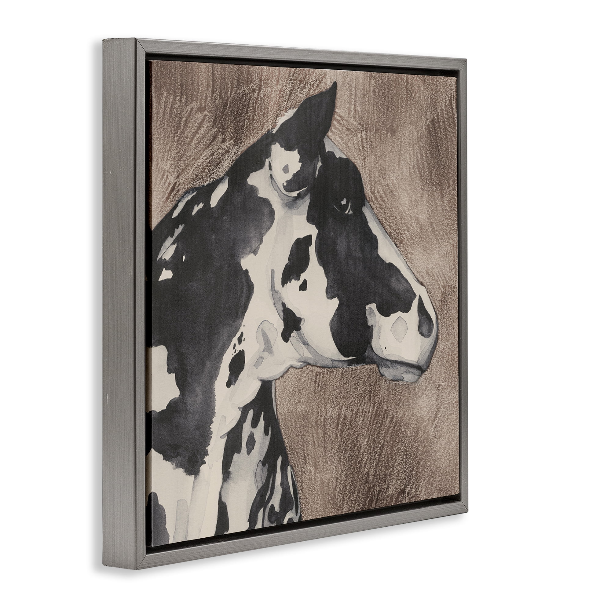 Stupell Industries Rustic Cow Looking Right Animals & Insects Painting Gray Floater Framed Canvas Art Print Wall Art, 18 x 18